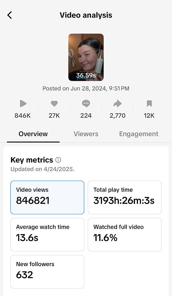 TikTok analytics showing 846K views
